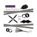 Black bondage kit with cuffs, cross straps, blindfold, feather tickler, nipple clamps, and soft whip for sensual play.