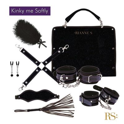 Black bondage kit with cuffs, blindfold, feather tickler, nipple clamps, flogger, cross straps, and carrying bag by Rianne S.
