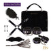 Black bondage kit with cuffs, blindfold, feather tickler, nipple clamps, flogger, cross straps, and carrying bag by Rianne S.