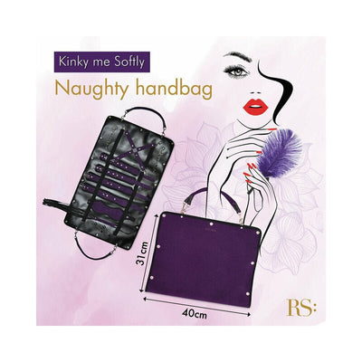 Purple stylish handbag with integrated soft bondage straps and accessories, measuring 40cm by 31cm, for sensual couple play.