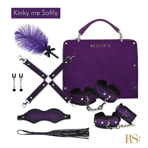Purple soft suede bondage kit with feather tickler, blindfold, cuffs, nipple clamps, cross straps, and whip in matching handbag.