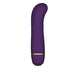 Compact deep purple silicone G-spot stimulator with a curved tip and gold accent ring.