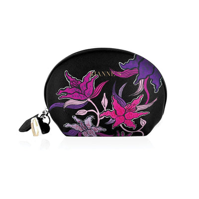 Black semi-circular cosmetic bag with purple and pink floral design and gold Rianne S logo, heart-shaped zipper pull.