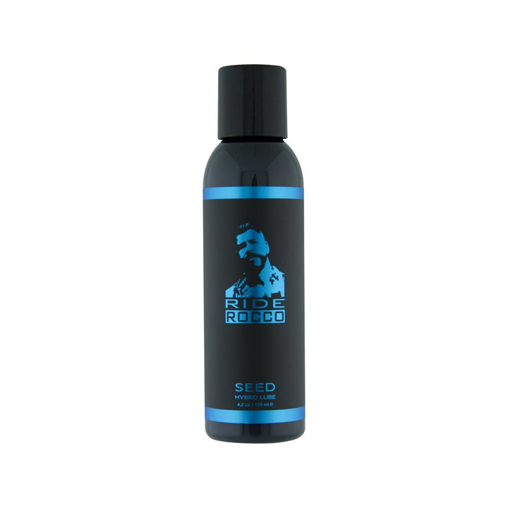 Bottle of Ride Rocco Seed Hybrid lubricant in black packaging with blue accents and logo on a white background.