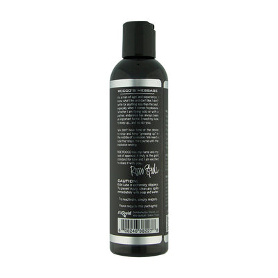 Back view of Ride Rocco Water Based 8oz lubricant bottle with product information and usage instructions.