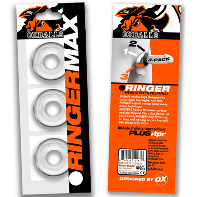 OxBalls Ringer Max 3-pack in clear rubbery rings with black and orange branded packaging showing front and back.