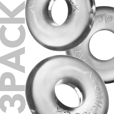 Close-up of three translucent gray OxBalls Ringer Max rubber rings with embossed branding and bold 3-pack text.