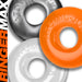 Three colorful OxBalls Ringer Max rubber rings in black, orange, and white with embossed branding on a white background.