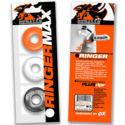 Packaging of OxBalls Ringer Max 3 Pack showing three stretchy rubber rings in orange, white, and black with product details on the back.