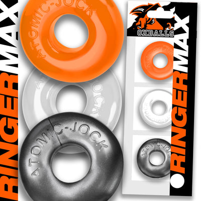 Three OxBalls Ringer Max stretchy rings in orange, clear, and black with packaging showing the brand logo and product name.