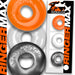 Three OxBalls Ringer Max stretchy rings in orange, clear, and black with packaging showing the brand logo and product name.