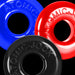 Three colorful OxBalls Ringer Max rings in blue, red, and black with embossed Atomic-Jock branding.