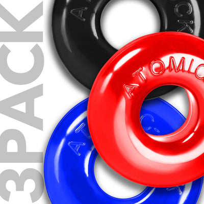 Three colorful OxBalls Ringer Max rings in black, red, and blue stacked on a white background with 3-pack text.
