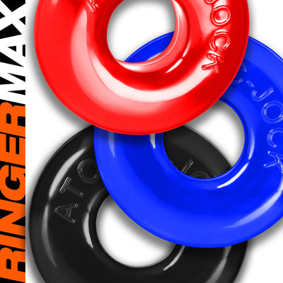 Three colorful OxBalls Ringer Max rubber rings in red, blue, and black stacked on a white background.
