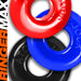 Three colorful OxBalls Ringer Max rubber rings in red, blue, and black stacked on a white background.