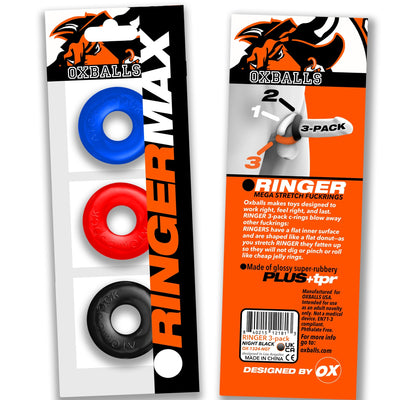 Packaging of OxBalls Ringer Max 3 Pack showing three colorful stretchy rings in blue, red, and black with product details on the back.