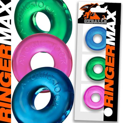 Three colorful translucent OxBalls Ringer Max rings in blue, green, and pink with packaging showing the same set.