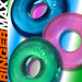 Three translucent OxBalls Ringer Max rings in blue, pink, and green with embossed branding on a colorful gradient background.