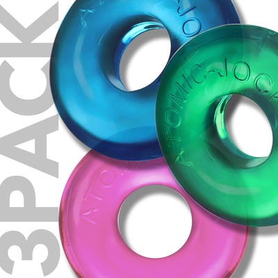 Three colorful translucent OxBalls Ringer Max rings in blue, green, and pink with embossed branding.