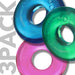 Three colorful translucent OxBalls Ringer Max rings in blue, green, and pink with embossed branding.
