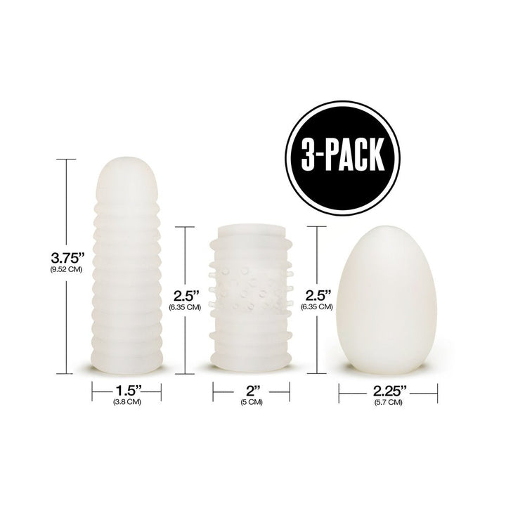 Set of three translucent soft strokers in varied shapes and sizes with measurements shown against a white background.