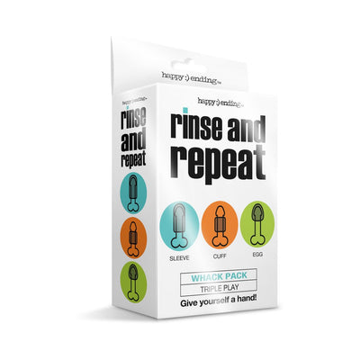 Packaging of Rinse and Repeat Whack Pack Triple Play showing sleeve, cuff, and egg strokers with colorful icons on a white box.
