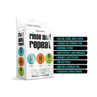 Rinse and Repeat Whack Pack Triple Play box showing sleeve, cuff, and egg strokers with product features listed.