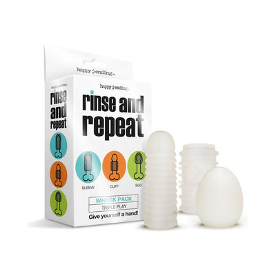Rinse and Repeat Whack Pack Triple Play with three soft, semi-translucent strokers and packaging box on white background.