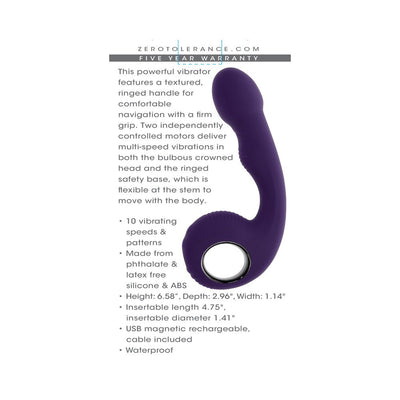 Purple curved vibrator with textured ringed handle and bulbous head, shown with product features and dimensions text.