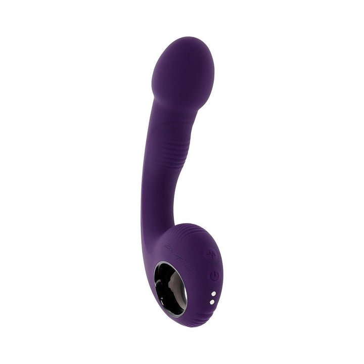 Purple silicone vibrator with textured handle and curved design, featuring control buttons and a ringed base.