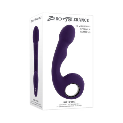 Purple silicone Rip Curl vibrator with curved design and ringed handle shown on white packaging box.
