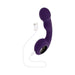 Purple curved vibrator with textured handle and USB magnetic charging cable on white background
