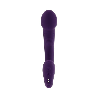 Purple silicone vibrator with bulbous head, textured ringed handle, and control buttons on the base, shown on white background.