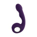 Purple silicone vibrator with curved design, textured handle, and circular grip ring against white background.