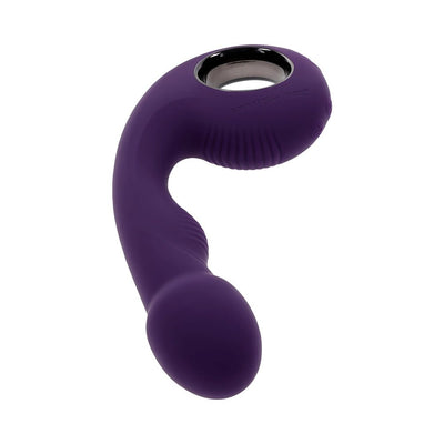 Purple curved vibrator with textured handle and ringed grip, designed for dual motor vibrations and flexible movement.