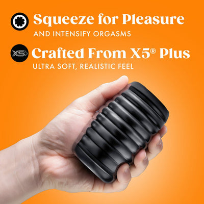 Hand holding a black ribbed Rize Grasp self-lubricating stroker against an orange background with product benefits text.