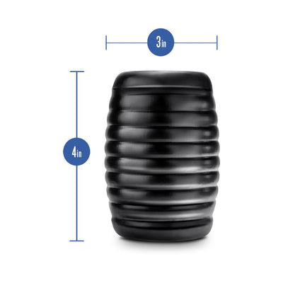 Black ribbed self-lubricating stroker measuring 4 inches tall and 3 inches wide with a squeezable design.