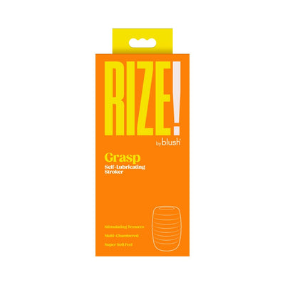 Orange and yellow packaging of Rize Grasp self-lubricating stroker with product features and line drawing.