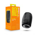 Black ribbed self-lubricating stroker with bright orange Rize! Grasp packaging showing product features.
