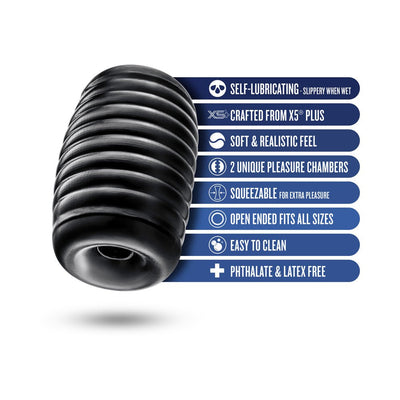 Black ribbed self-lubricating stroker with key features listed including soft feel, squeezable design, and easy cleaning.