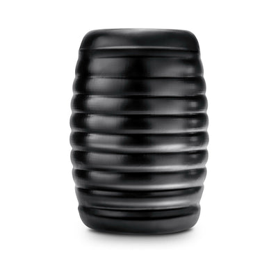 Black ribbed self-lubricating pocket stroker with a squeezable, textured exterior for enhanced grip and stimulation.