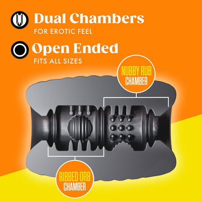 Cross-section of Rize Grasp stroker showing dual chambers: ribbed orb and nubby rub for varied sensations.