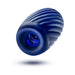 Blue ribbed self-lubricating stroker with textured interior and soft squeezable design.