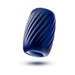 Blue textured soft silicone self-lubricating stroker with spiral ridges and tapered opening.