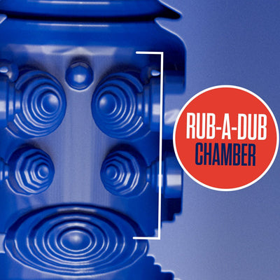 Close-up of the blue Rize Turbine self-lubricating stroker showing the textured Rub-A-Dub pleasure chamber interior.