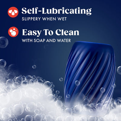 Blue textured Rize Turbine self-lubricating stroker surrounded by soap bubbles highlighting easy cleaning.