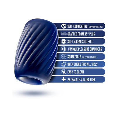 Blue Rize Turbine self-lubricating stroker with textured spiral design and key product features listed alongside.