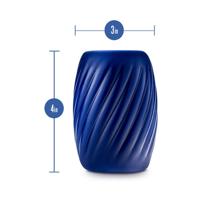 Blue Rize Turbine self-lubricating stroker with textured spiral design, measuring 4 by 3 inches.