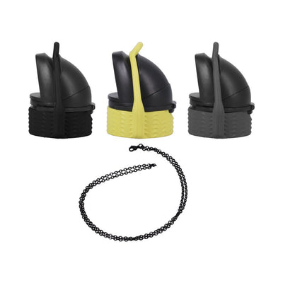 Three Rock Solid EZ Top caps in black, yellow, and grey with a detachable black chain lanyard on a white background.