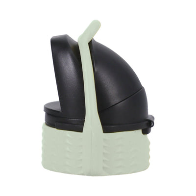 Glow-in-the-dark black and pale green leak-proof cap with lanyard for easy one-handed use.